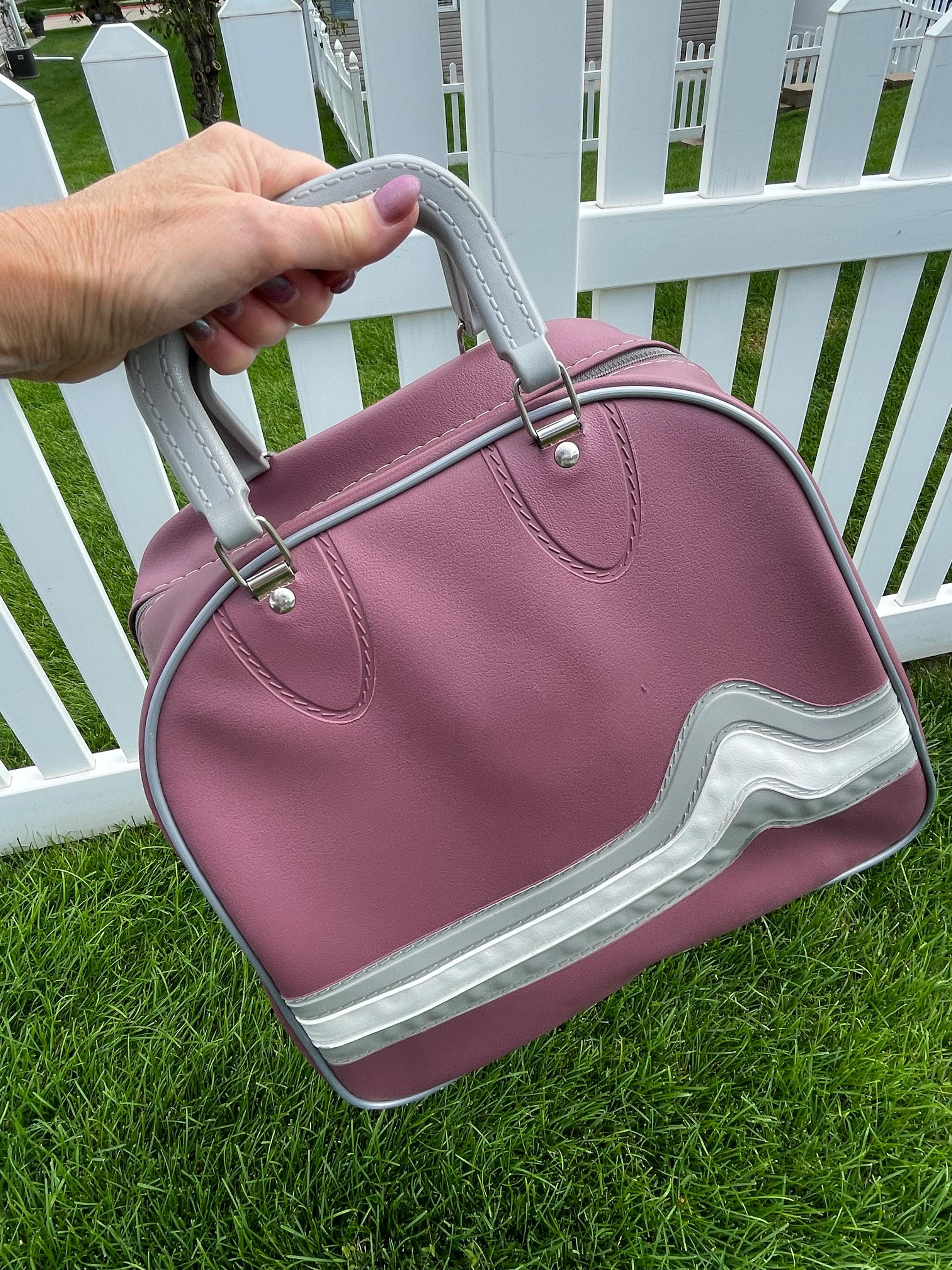 Vintage Bowling Bag, Mauve Pink, Grey, & White Heartbeat Stripes