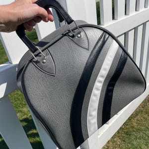 Vintage Bowling Bag, GORGEOUS Faux Leather Gray Retro Striped Bowling Ball Bag, UNIQUE Retro Rockabilly Bag