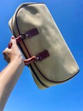 Vintage 50s Gym Bag, Beige Canvas, Brown Leather Trim, Long & Low Retro Shabby Chic UNIQUE!