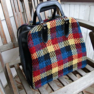 Vintage Bowling Bag, Funky Plaid Carpet Bag with Shiny Black Patent Pleather, Retro & UNIQUE Bowling Ball Bag