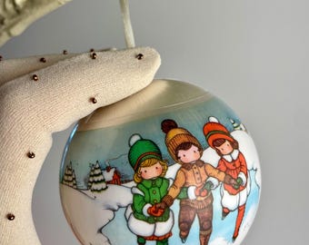Vintage Hallmark Joan Walsh Anglund Satin Christmas Tree Ball Ornament, "Christmas 1980,” Children Ice Skating, Ready to Hang, GOOD TIMES!