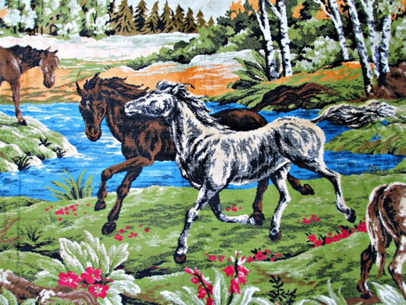 HUGE Vintage Horse Herd Landscape Tapestry Wall Hanging or Rug Horses in Field Lake Scene Boho Cabin Decor Animal Velvet Tapestry PBN Etsy Finland