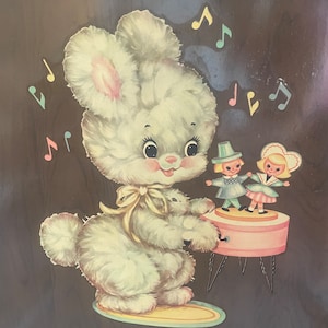 Vintage Big Eye BUNNY Wooden Panel, SHABBY Chic Ready for Framing, Rabbit Winding Music Box with Hairpin Metal Legs & Dancing Dutch Children