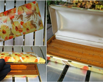 Small MELE Vintage Jewelry Box, Portable Travel Compact Jewelry Box, Yellow & Orange Floral with Gold Trim and Velvet Lining