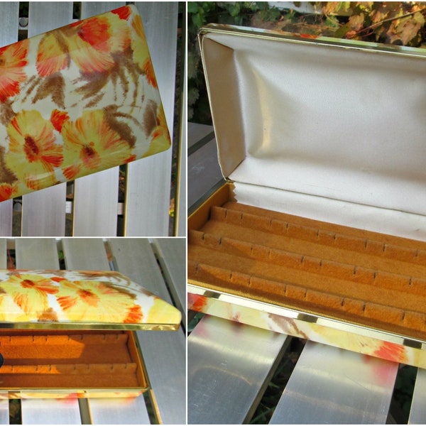 Small MELE Vintage Jewelry Box, Portable Travel Compact Jewelry Box, Yellow & Orange Floral with Gold Trim and Velvet Lining