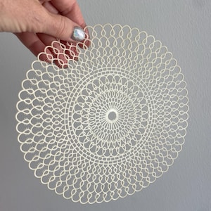 May include: A cream-colored, circular doily with an intricate, openwork design. The doily features a repeating pattern of swirls and circles, creating a delicate, lace-like appearance. The edge is scalloped, adding to its decorative appeal. The doily is held by a hand.
