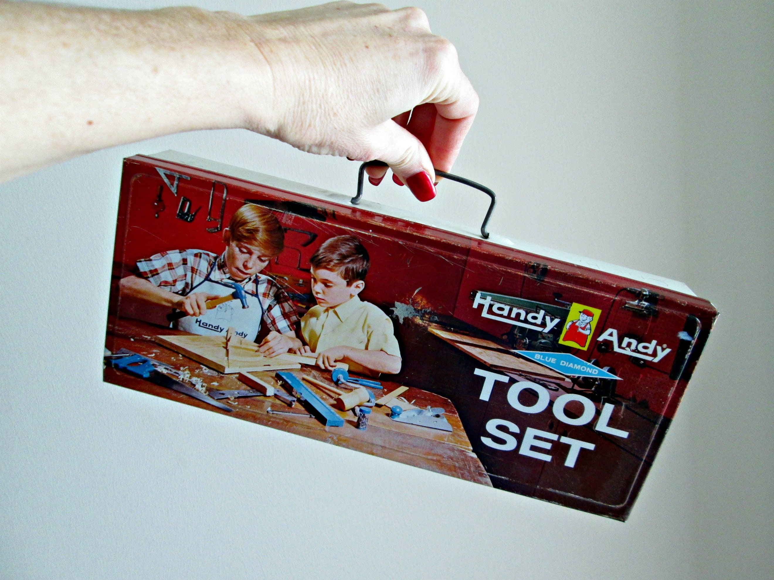 Vintage Kid s Metal Tool Box HANDY ANDY Tool Set Metal Box no