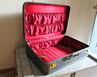 Handsome Vintage Gray Suitcase, Deep Scarlet Red Satin Interior, Gorgeous Gold Brass, Retro White Double Stitching, Shabby Chic Perfection!
