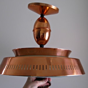 Mid Century Modern Pull Down Light STUNNING Harmony House Copper Lamp, Atomic UFO Flying Saucer Ceiling Mount, Pinhole Diffuser, Glass Shade image 3