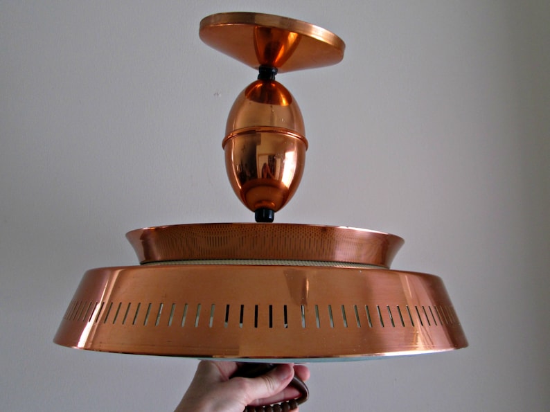 Mid Century Modern Pull Down Light STUNNING Harmony House Copper Lamp, Atomic UFO Flying Saucer Ceiling Mount, Pinhole Diffuser, Glass Shade image 3