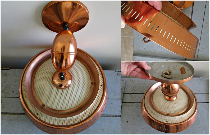 Mid Century Modern Pull Down Light STUNNING Harmony House Copper Lamp, Atomic UFO Flying Saucer Ceiling Mount, Pinhole Diffuser, Glass Shade image 9