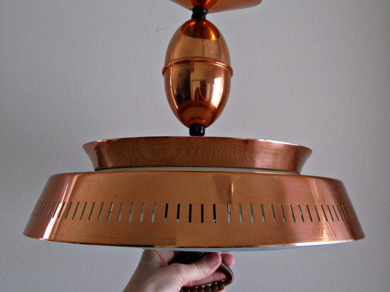 Mid Century Modern Pull Down Light STUNNING Harmony House Copper Lamp, Atomic UFO Flying Saucer Ceiling Mount, Pinhole Diffuser, Glass Shade image 8