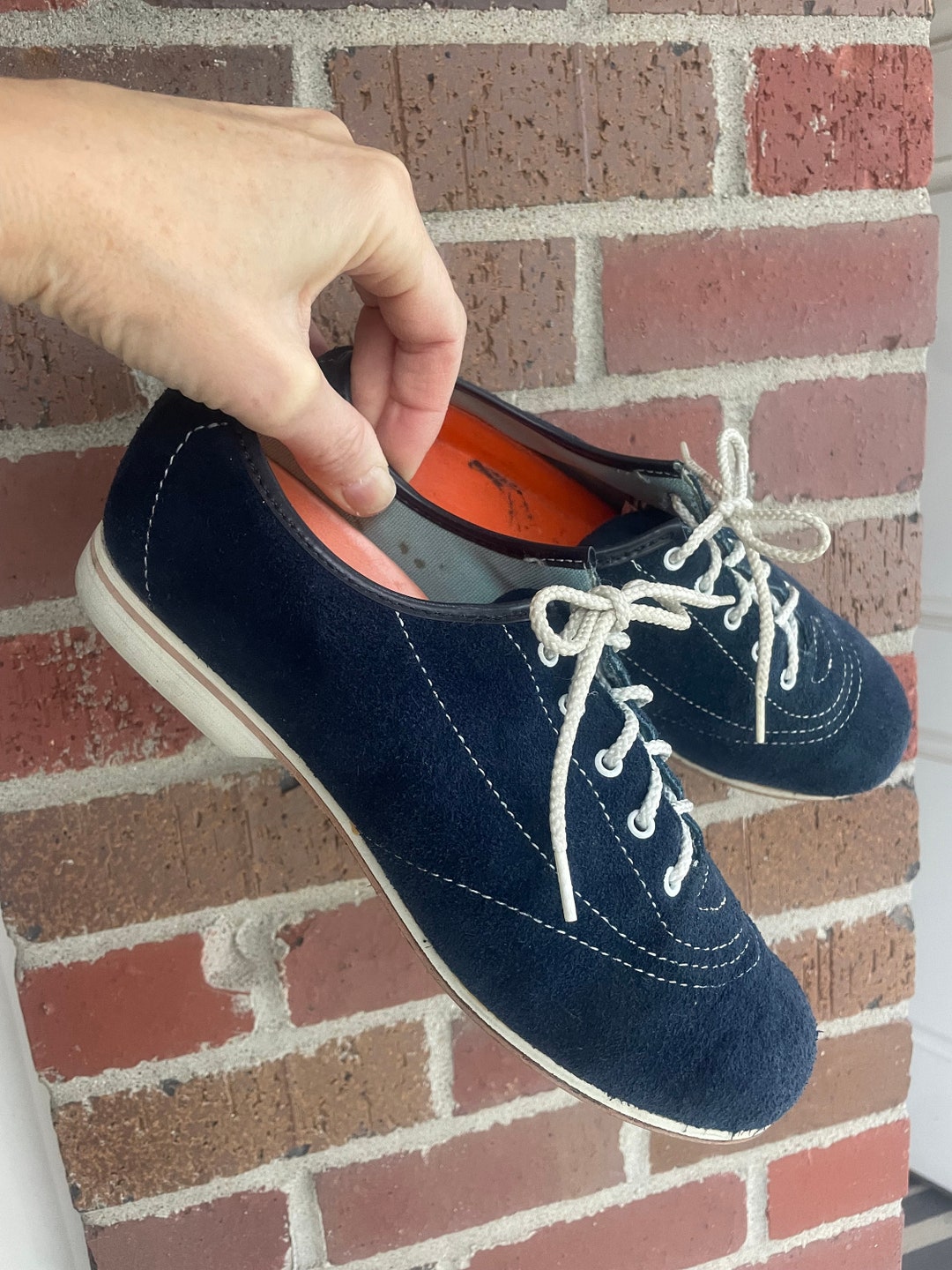 Vintage Bowling Shoes Navy Blue Suede Shoes With White Eyelets & Laces