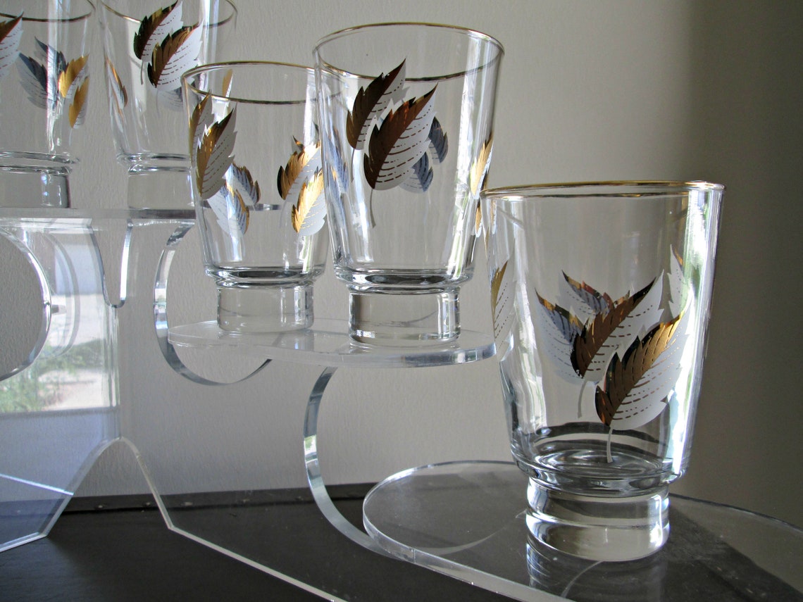 Vintage MCM Drinking Glasses Set of 8 Libbey Feather Gold & Etsy