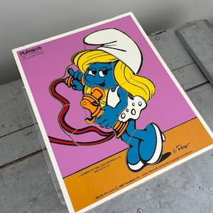 Vintage Smurf Wooden Puzzle by Playskool, “Hello Operator,” Smurfette Talking on the Telephone by Peyo, 1982 Smurf Board Puzzle, CHARMING!