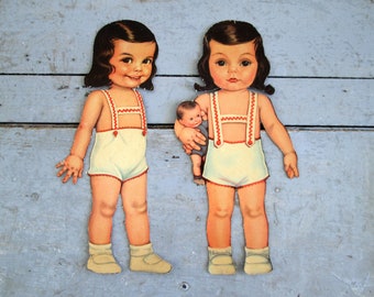 Antique Paper Dolls with Beautiful 1940s Wardrobe of 7 Little Girls' Outfits, No Box, ADORABLE Pair!