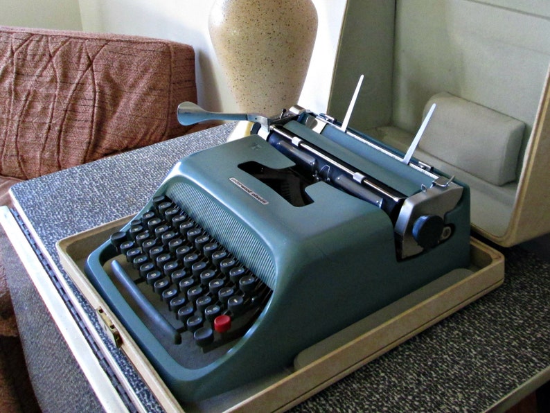 Vintage Portable Manual Typewriter with Lockable Case, Underwood Olivetti Studio 44, Case & Key, MCM Design Robin's Egg Blue, Made in Spain image 1
