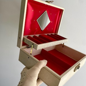 Vintage Jewelry Box, Gold Tooled &quot;Quilted&quot; Top, Red Satin and Velvet, Gold Tipped Mirror, Fleur De Lis, SHABBY & Beautiful Treasure Chest