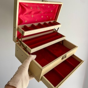 Vintage MELE 4 Tier Jewelry Box, LARGE Gold Tooled, Brass Latch, Red Velvet Satin Gold Embossed Snowflakes Beautiful & SHABBY Treasure Chest