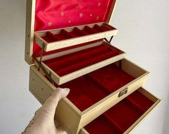 Vintage MELE 4 Tier Jewelry Box, LARGE Gold Tooled, Brass Latch, Red Velvet Satin Gold Embossed Snowflakes Beautiful & SHABBY Treasure Chest
