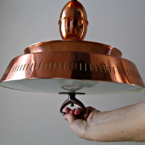 Mid Century Modern Pull Down Light STUNNING Harmony House Copper Lamp, Atomic UFO Flying Saucer Ceiling Mount, Pinhole Diffuser, Glass Shade