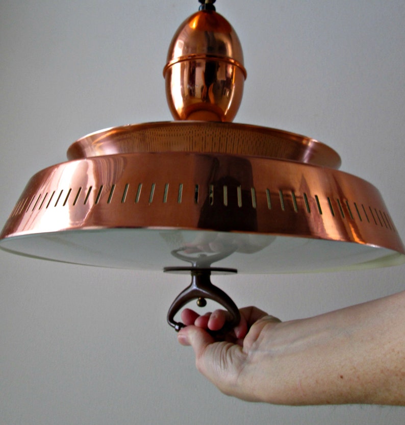 Mid Century Modern Pull Down Light STUNNING Harmony House Copper Lamp, Atomic UFO Flying Saucer Ceiling Mount, Pinhole Diffuser, Glass Shade image 1