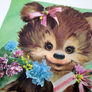 Vintage Big Eye BEAR Litho Print, SHABBY Chic, Ready for Framing, DARLING! Kawaii Bear Art Print Trifecta: Teddy Bear, Flowers, & Chocolates