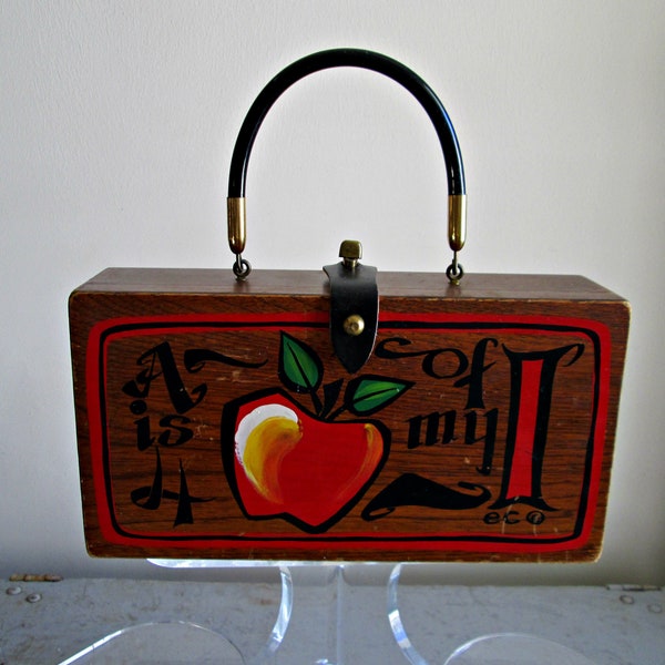 Vintage Enid Collins Apple Purse | Signed EC | DARLING Enid Collins' Original Box Bag | "A is 4 the Apple of my I" Wooden Enid Box Handbag