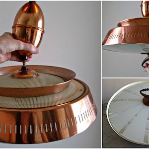 Mid Century Modern Pull Down Light STUNNING Harmony House Copper Lamp, Atomic UFO Flying Saucer Ceiling Mount, Pinhole Diffuser, Glass Shade image 2