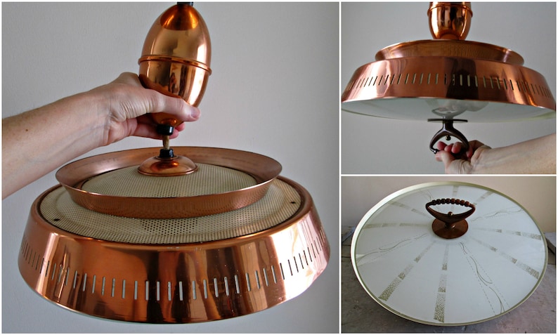 Mid Century Modern Pull Down Light STUNNING Harmony House Copper Lamp, Atomic UFO Flying Saucer Ceiling Mount, Pinhole Diffuser, Glass Shade image 2