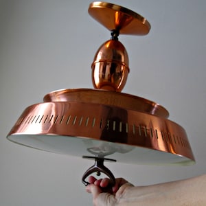 Mid Century Modern Pull Down Light STUNNING Harmony House Copper Lamp, Atomic UFO Flying Saucer Ceiling Mount, Pinhole Diffuser, Glass Shade image 10