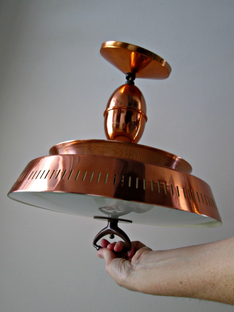 Mid Century Modern Pull Down Light STUNNING Harmony House Copper Lamp, Atomic UFO Flying Saucer Ceiling Mount, Pinhole Diffuser, Glass Shade image 10