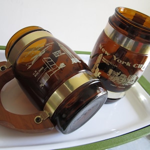 Pair of Siesta Ware Beer Steins, NEW YORK CITY Tiki Bar Vintage Barrel Mugs with Wood and Metal Handles, So Retro Cool!