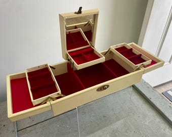 Vintage Jewelry Box, Multiple Tiered Side Fold Out Dramatic Red Velvet Interior, Gold Tooled Beige Leatherette, + Mirror & Key, BEAUTIFUL!