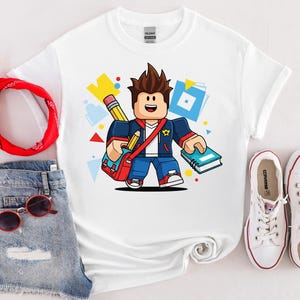 May include: White t-shirt featuring a cartoon character with a pencil, book, and backpack. The image includes a red bandana, denim shorts, red sunglasses, and white Converse sneakers.