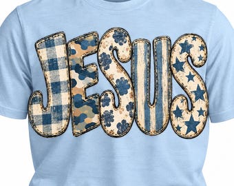Jesús patriótico PNG, diseño de fe americana con estampado de cuadros y camuflaje, diseño de camiseta cristiana (descarga digital)