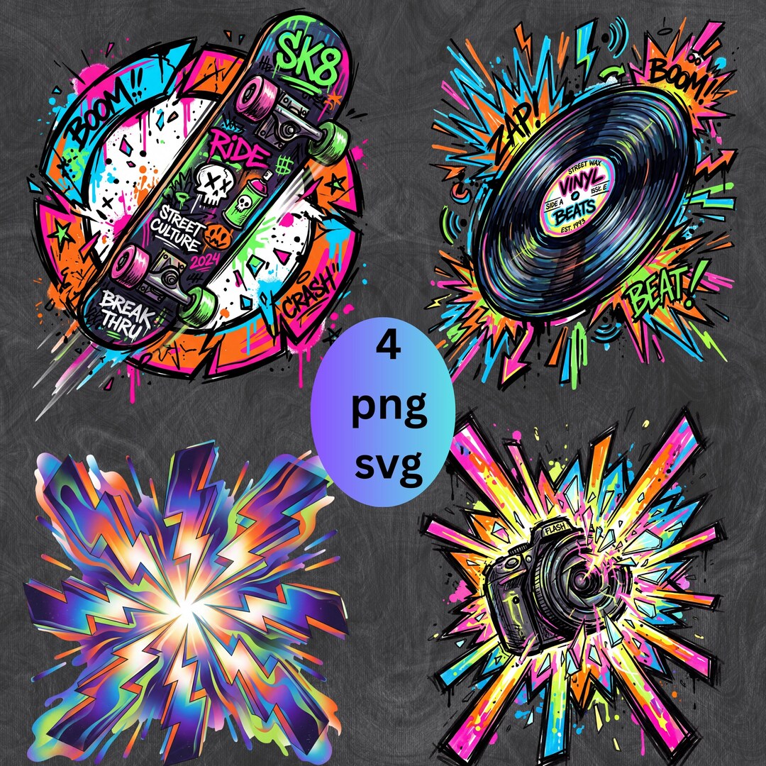 Graffiti PNG Bundle Skateboard Street Art SVG, Neon Urban Clipart Pack ...