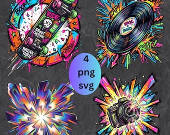 Graffiti PNG Bundle Skateboard Street Art SVG, Neon Urban Clipart Pack, Vinyl Record Retro Design, Camera Pop Art PNG