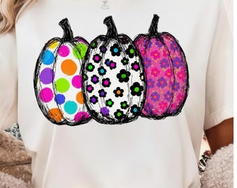 Paquete de imágenes PNG de calabazas coloridas, 3 diseños femeninos de otoño, calabaza floral y de lunares, sublimación de otoño