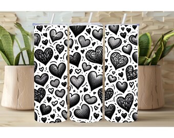 Kubek Doodle Hearts 20 uncji, czarno-biały, prezent na Walentynki