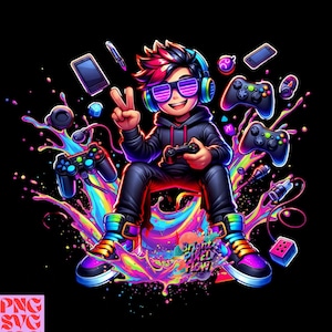 Puede incluir: Ilustración vibrante de un jugador con cabello colorido, gafas de sol y auriculares, sosteniendo un controlador de juego. La imagen presenta controladores de juego, un teléfono y el texto "Bright Pixel Flow" sobre un fondo negro con un salpicadero de arcoíris.