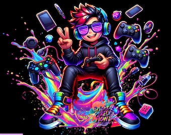 Colorful Gamer Kid PNG | Retro Gamer Art | Digital Download for T-shirts, Mugs & More | Gaming Design svg,  Hooded Player Controller Art