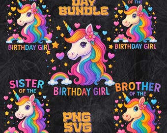 Rainbow Unicorn Birthday Bundle PNG SVG JPG | Family Matching Birthday Girl Designs | Mommy Daddy Sister Brother Unicorn Clipart Set
