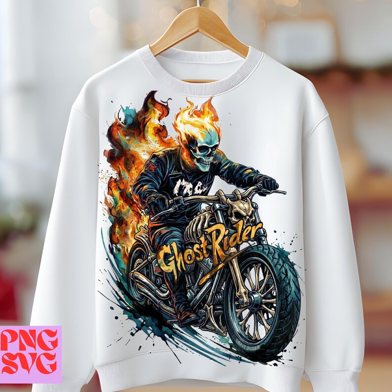 Stylized Ghost Rider Ghost Rider Skull Biker PNG SVG, Flaming Skeleton Motorcycle Shirt ...