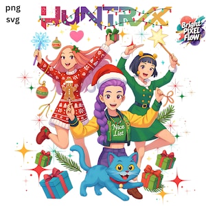 Puede incluir: Ilustración de tres personajes de dibujos animados celebrando la Navidad. Una figura lleva un gorro de Papá Noel y una chaqueta con el texto "Nice List". También hay un gato azul y regalos envueltos. La palabra "HUNTRAX" está en la parte superior.