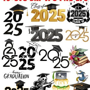 Könnte beinhalten: Eine Sammlung von SVG-Grafiken zum Thema Abschluss, die das Jahr 2025 zeigen. Designs umfassen Abschlusskappen, den Text "Class of 2025" und festliche Elemente. Die Grafiken sind in verschiedenen Formaten verfügbar, darunter SVG, DXF, JPG, PNG und EPS.