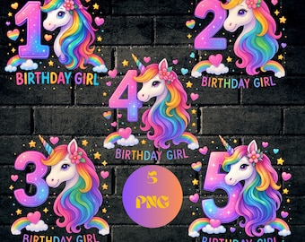 Unicorn Birthday PNG Bundle: Girls 1st-5th Birthday Designs (Digital Download)