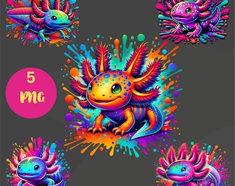 Pacchetto di clipart PNG di axolotl arcobaleno neon: grafica per sublimazione (download digitale)