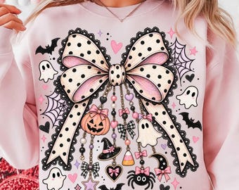 Coquette Halloween Bow PNG, Pumpkin Halloween PNG, Spooky Season PNG, Poll Dot Spooky Bow, Girly Halloween Design, Pink Ghost Pumpkin Clipart