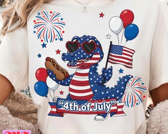 Niño caimán del 4 de julio PNG, divertido diseño de camiseta patriótica 'Merica Alligator, bandera estadounidense, EE. UU. rojo, blanco y azul
